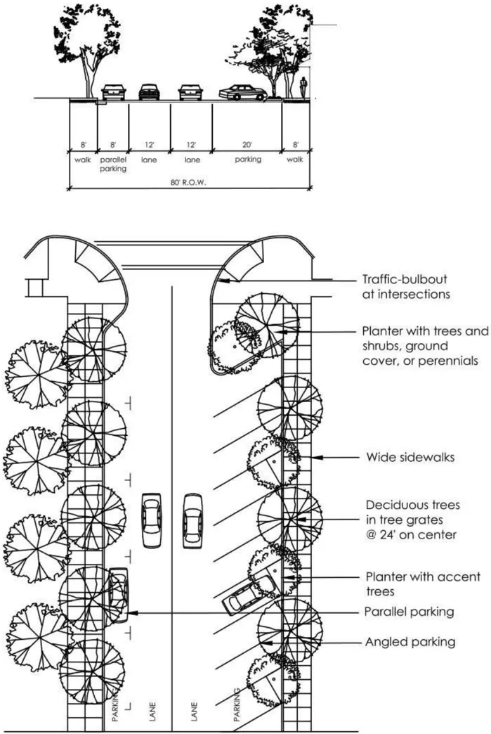 A diagram of the cross section of Front Street north of M Street and the street layout.