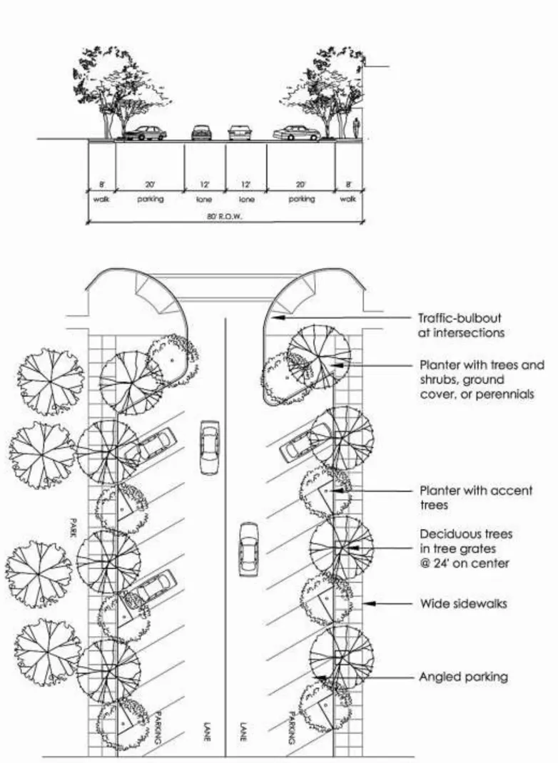 A diagram of the cross section of Front Street south of M Street and the street layout.