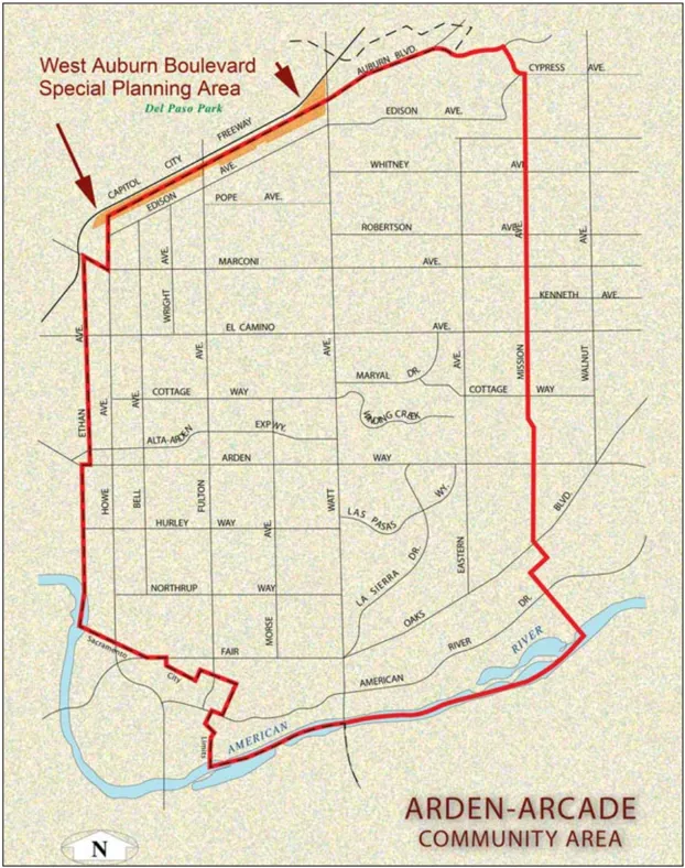 A map of the Arden-Arcade community in relation to the West Auburn Boulevard SPA.