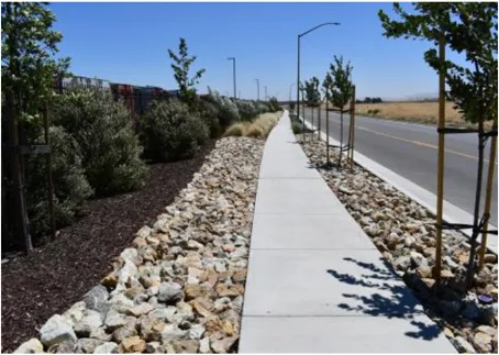 An image of a sidewalk and a cobble landscaping strip.