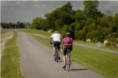 A photo of two bicyclists on a bike trail.
