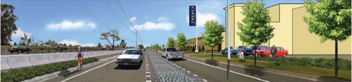 A rendering of a street with a bike path and new construction.