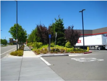 A photo of landscaping screening a loading dock.
