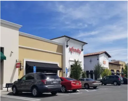A photo of a shopping center from the parking lot.