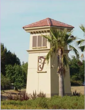 A photo of a landmark structure with an F on it.