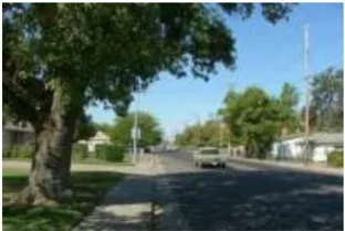 A photo of a residnetial street with a sidewalk.
