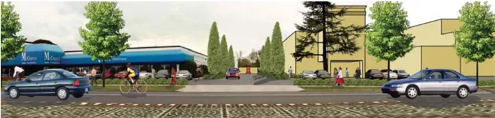 A rendering of a street with new development in the background.