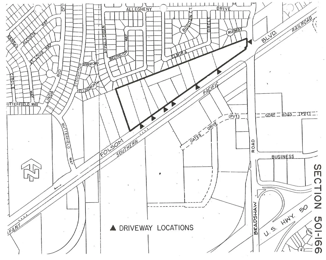 Map of the Folsom Boulevard Special Planning Area with specific driveway locations