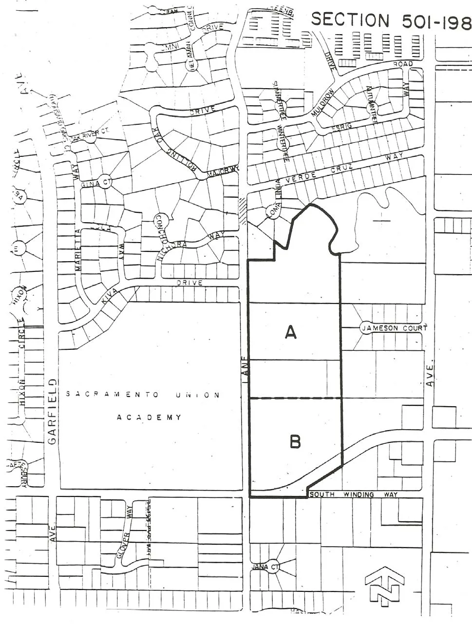 Map of the Winding Way -- Hackberry Lane Special Planning Area showing Area A to the north and Area B to the south