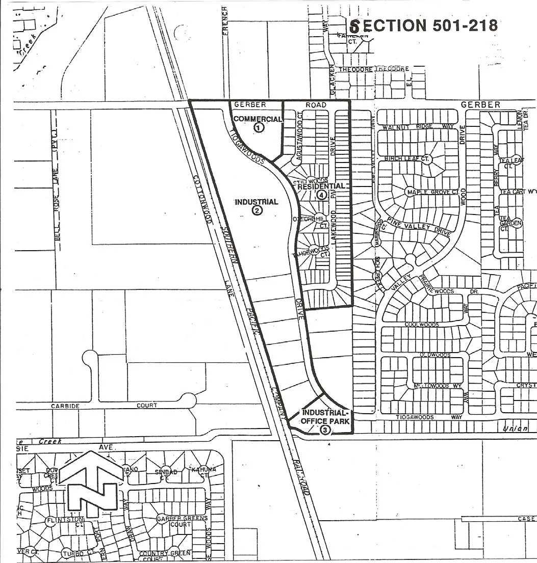 Map of the Gerber Road / Southern Pacific Railroad Special Planning Area with four subareas