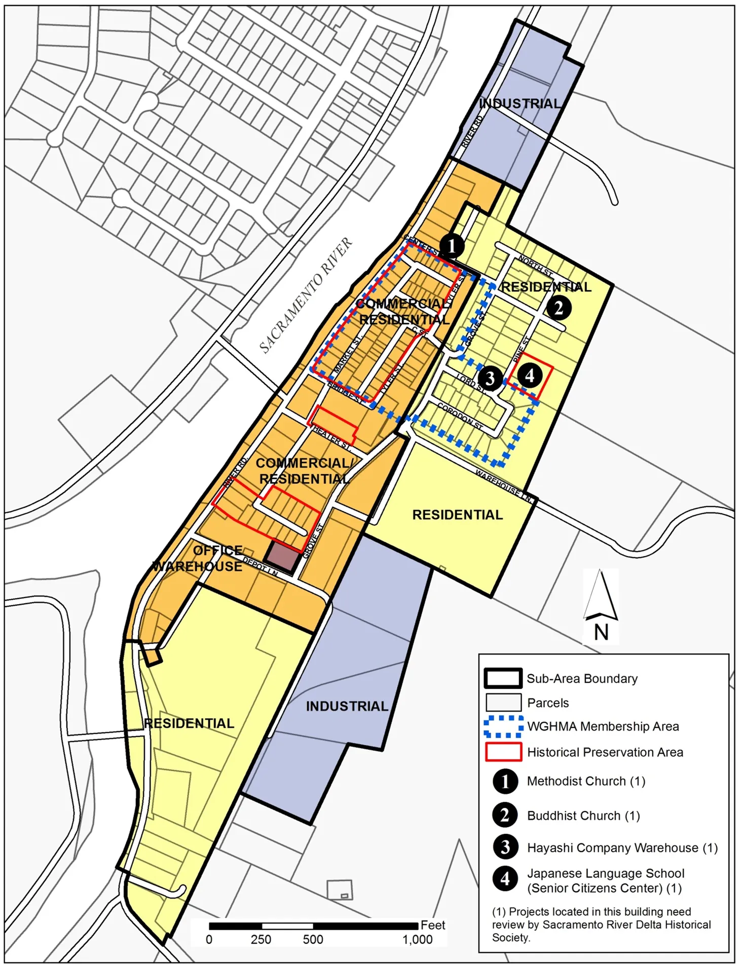 Map of the Walnut Grove SPA showing subareas, WGHMA Membership Area, Historical Preservation Area, along with four landmarks