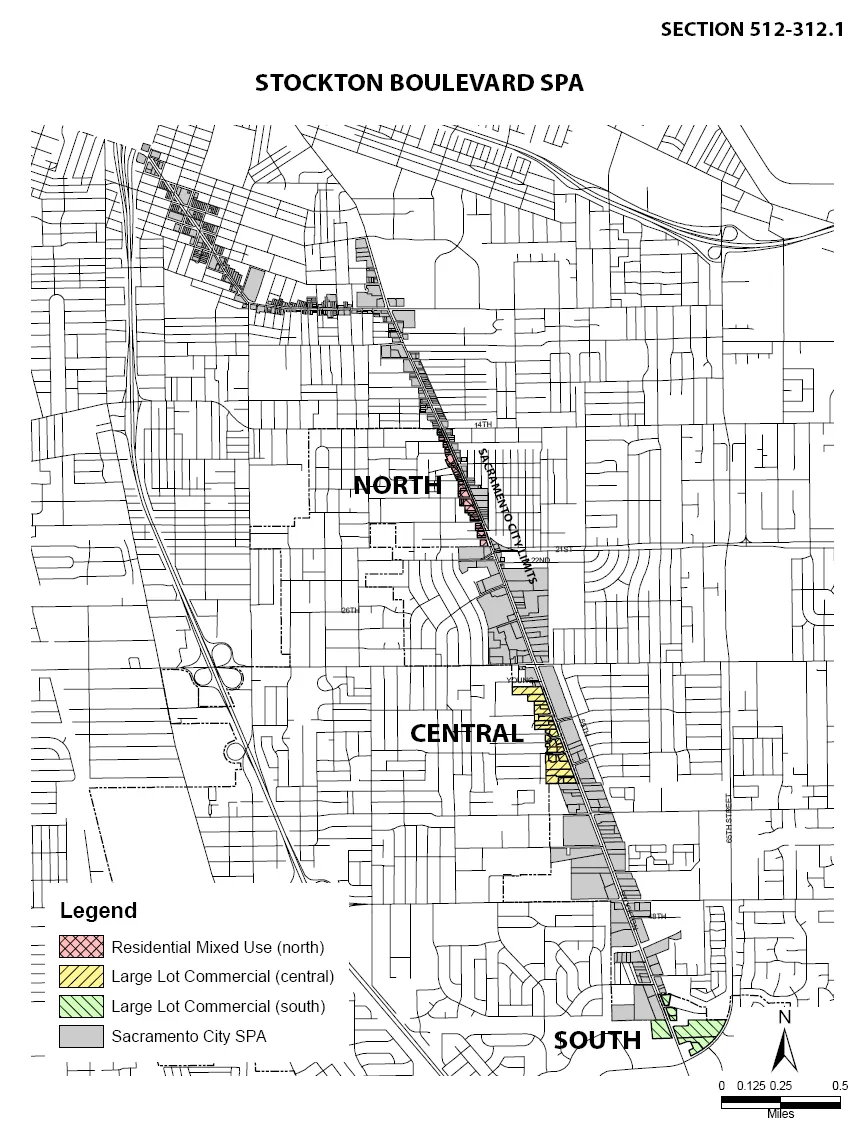Map of the Stockton Boulevard SPA showing the entire corridor from Oak Park to 65th St