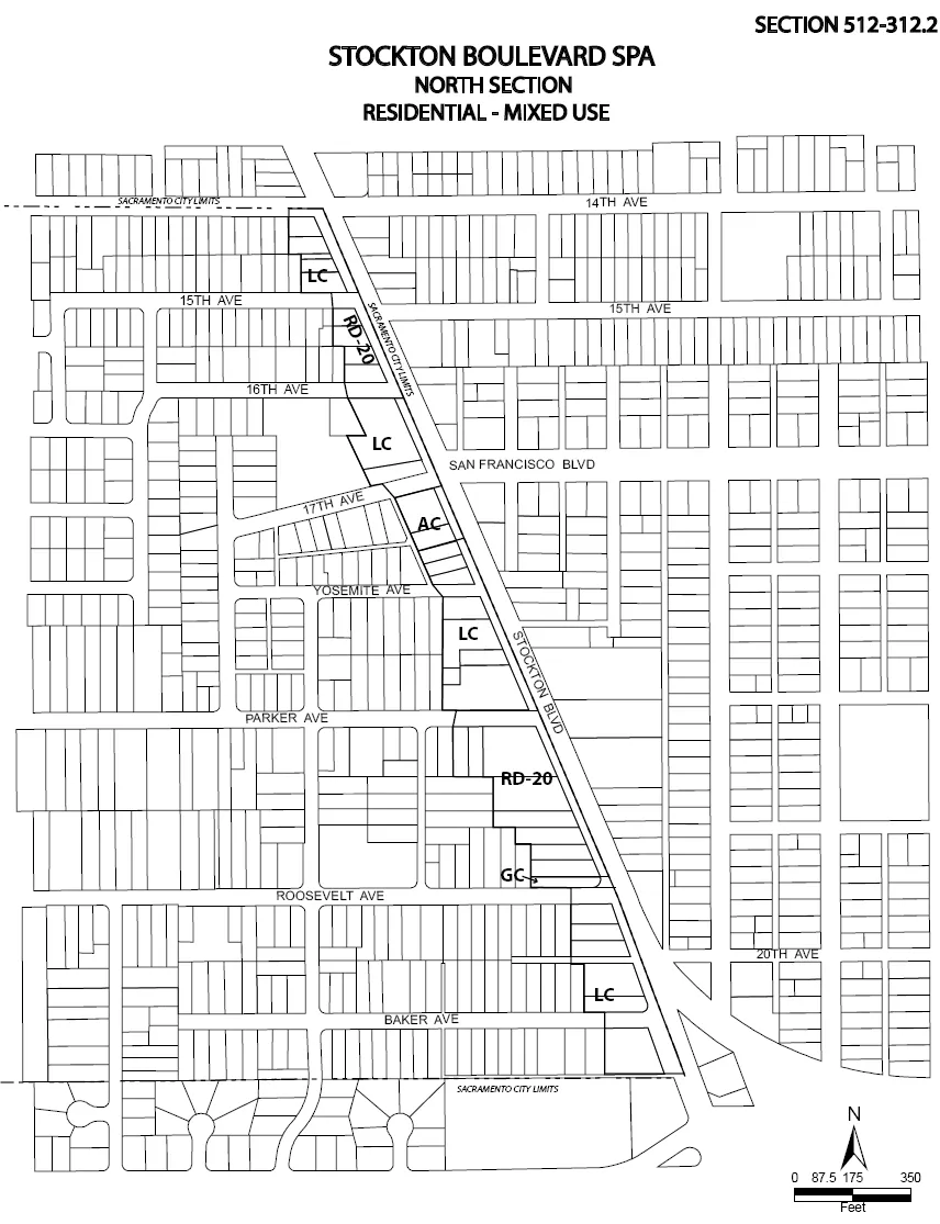 Map of North Area of Stockton Boulevard SPA, Residential-Mixed Use between 14th Avenue and south of Baker Avenue