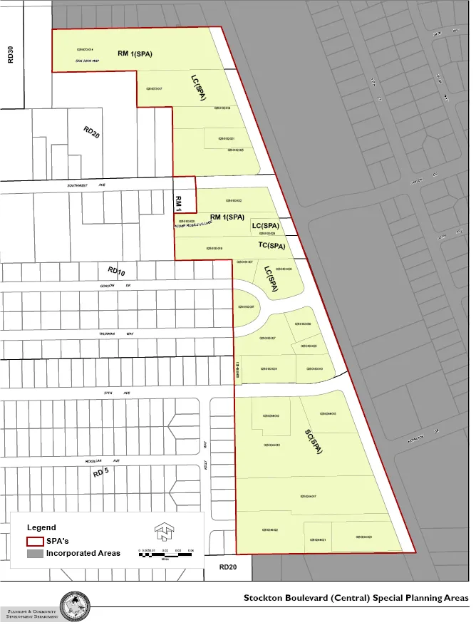 Map of Central Section of Stockton Boulevard SPA, Large Lot Commercial between an area north of Southwest Avenue to an area south of McMahon Drive