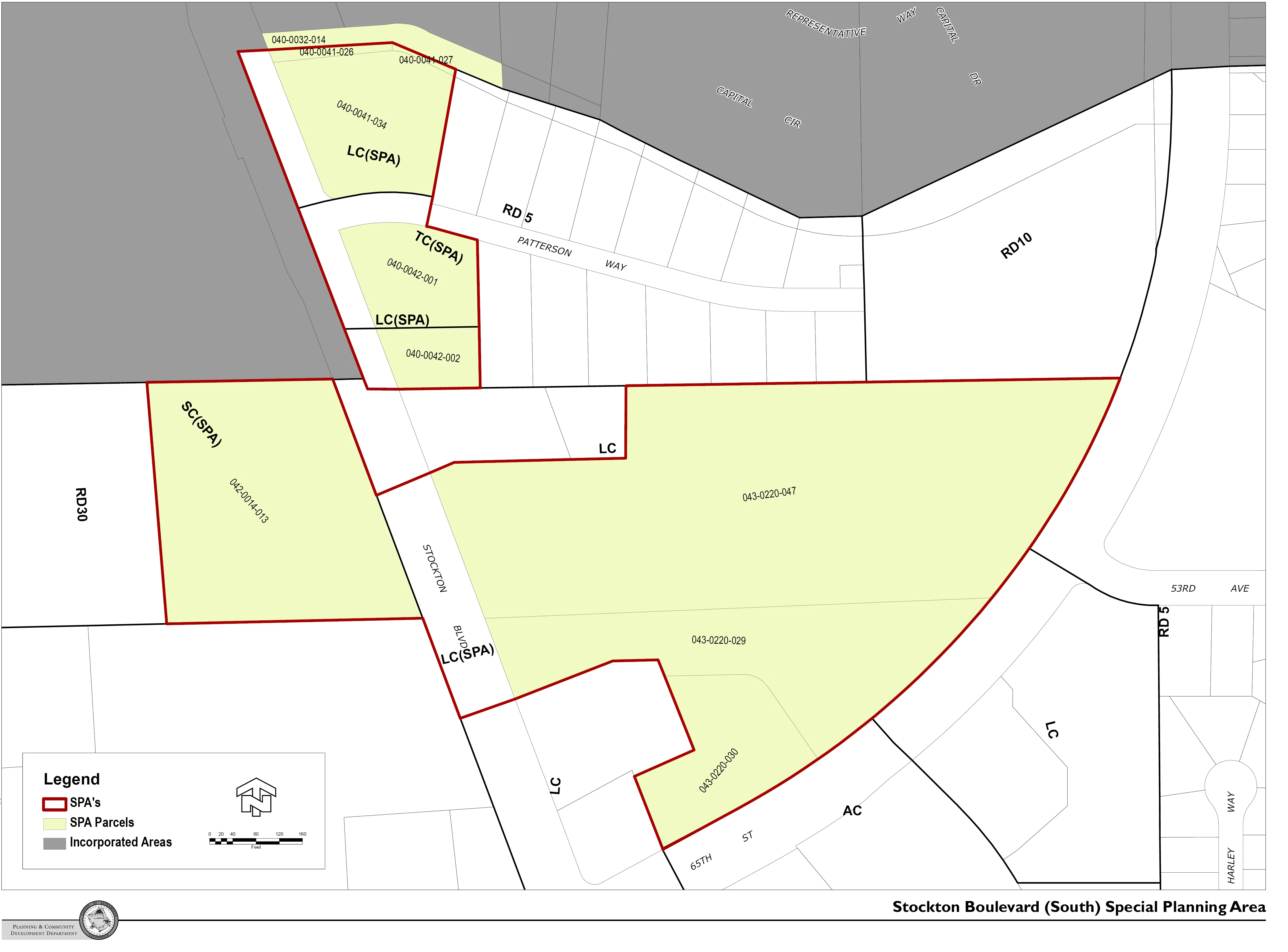 Map of South Area of Stockton Boulevard SPA, Large Lot Commercial between an area north of Patterson Avenue to 65th Street