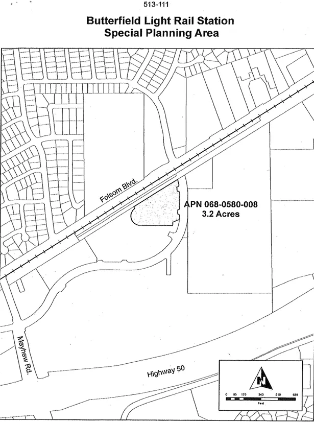 Map of the Butterfield Light Rail Station Special Planning Area, showing its limited extent to 3.2 acres on parcel APN 068-0580-008