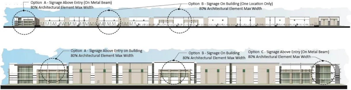 A rendering of the location of building signage.