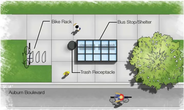 An overhead rendering of a bus stop.