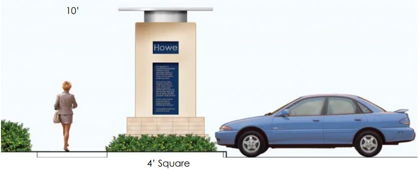 A rendering of a monument sign with a car and person for scale.