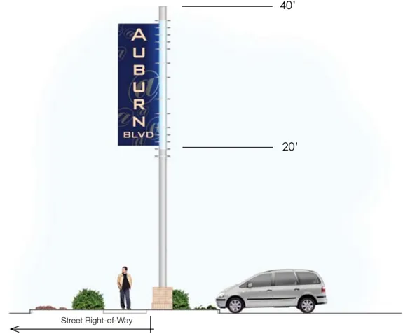 A rendering of a blade sign on a pole with a car and person for scale.