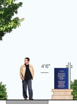A rendering of a monument sign with a person for scale.