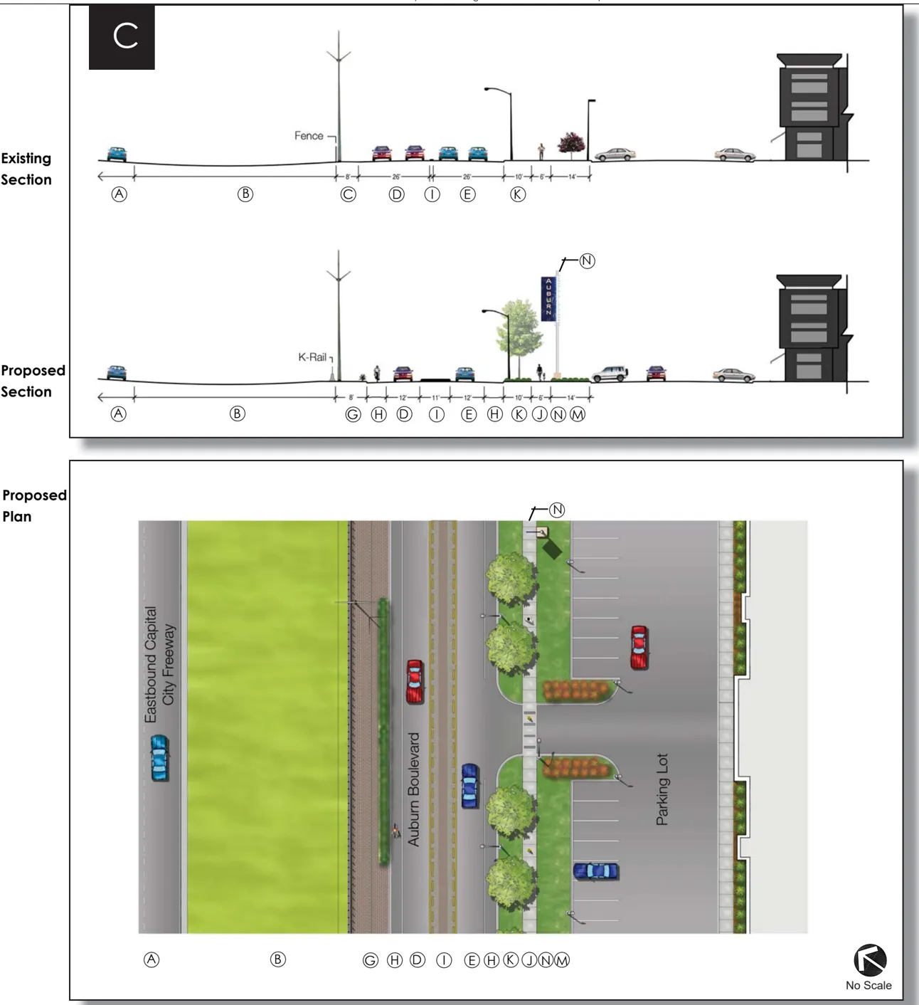 A cross section and an overhead rendering of West Auburn Boulevard - Plan C.