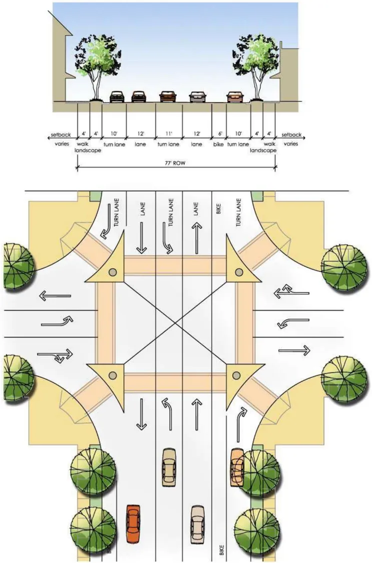 A diagram of the cross section of Rio Linda Boulevard at the intersection of M Street and the street layout.