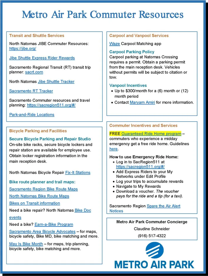 A handout with Metro Air Park commuter resources.