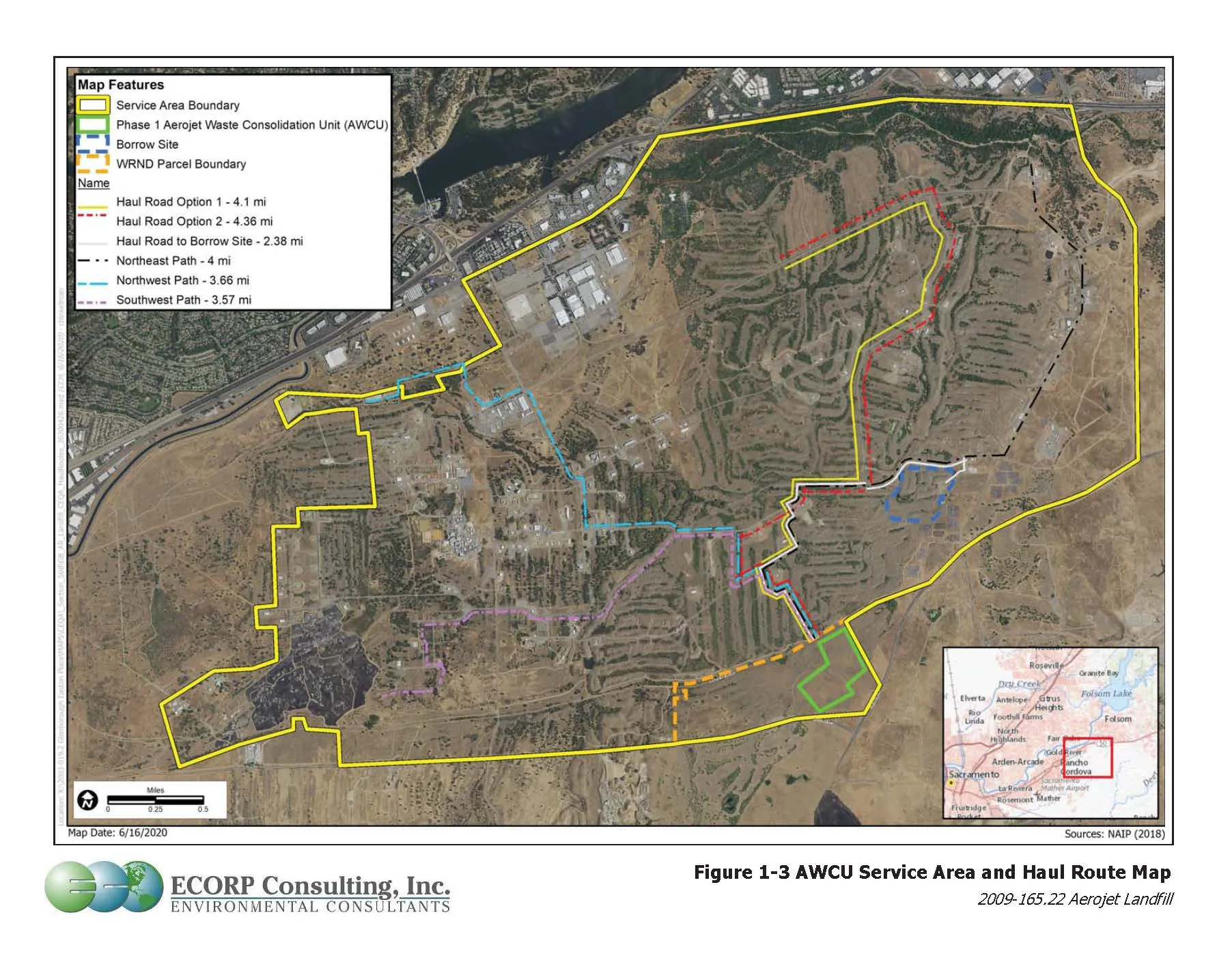 A map showing the Aerojet Waste Consolidation Unit service area and haul route map.