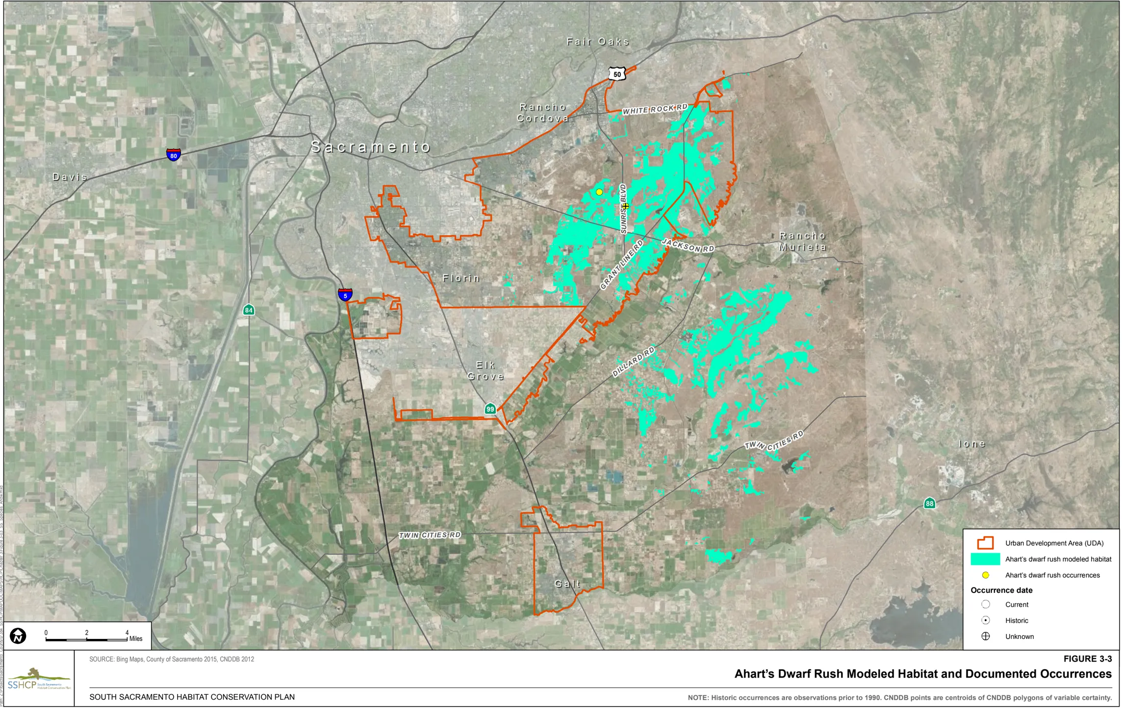 Map of Sacramento County showing Ahart’s Dwarf Rush Modeled Habitat and Documented Occurrences