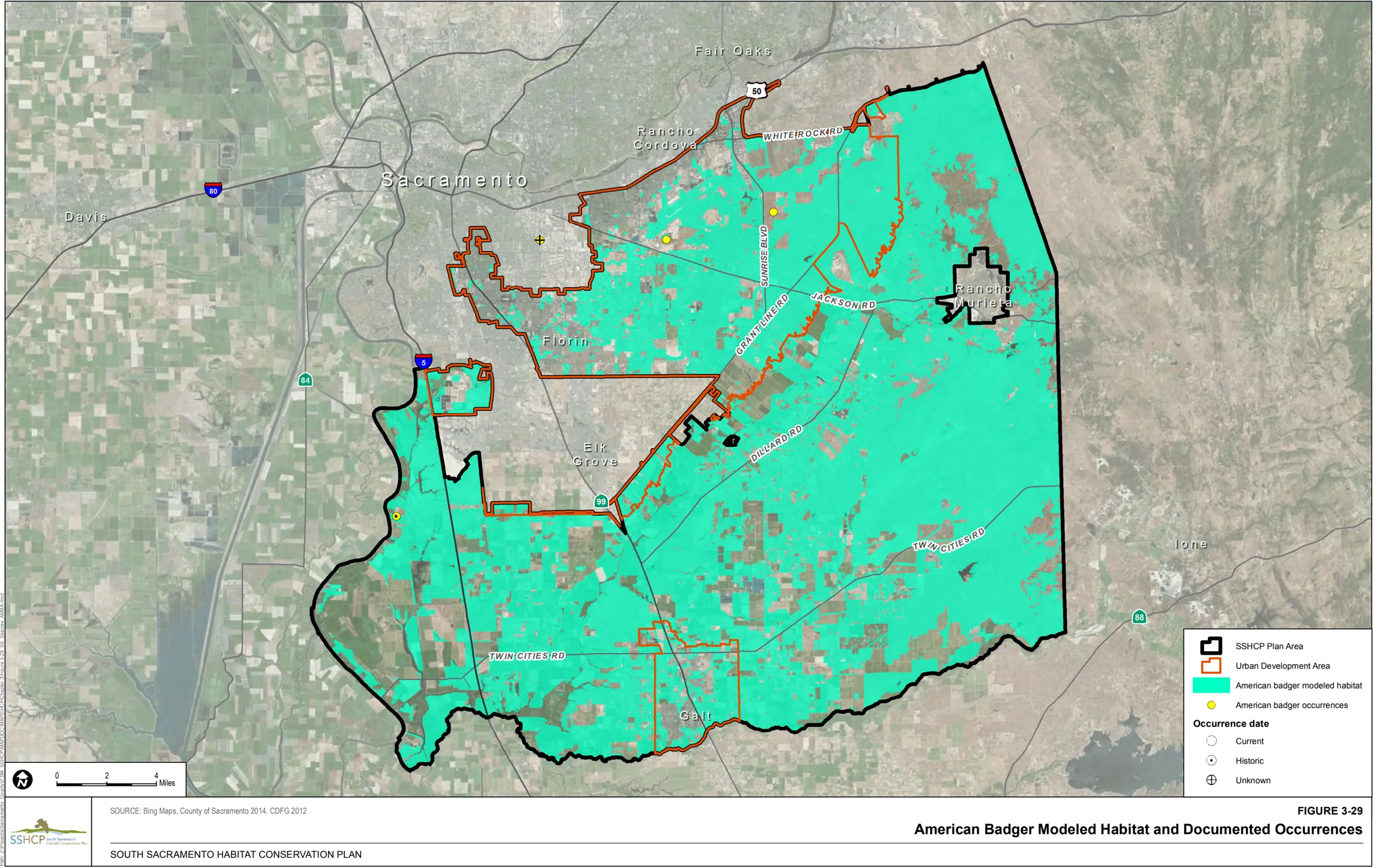 Map of Sacramento County showing American Badger Modeled Habitat and Documented Occurrences.