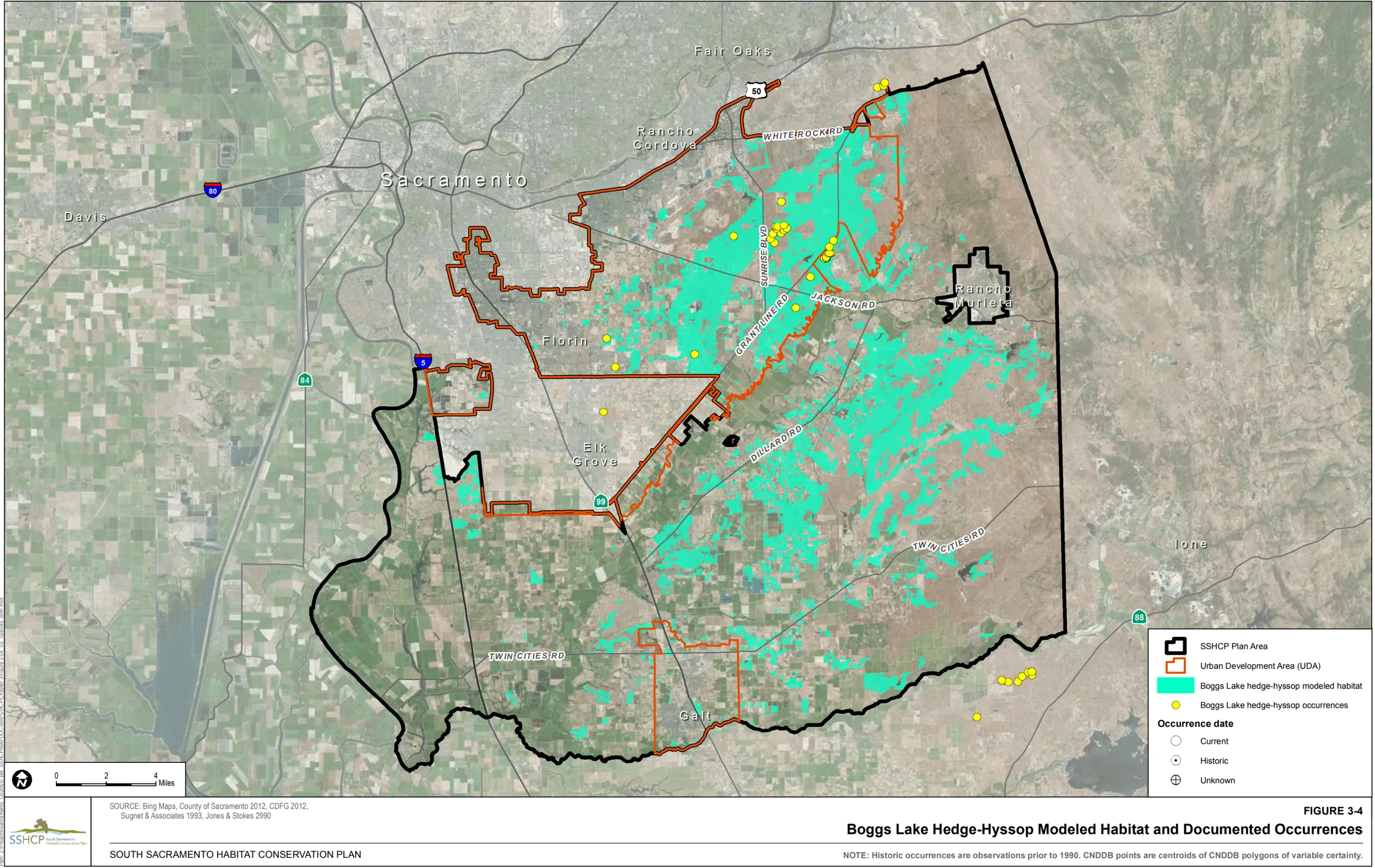 Map of Sacramento County showing Boggs Lake Hedge-Hyssop Habitat and Documented Occurrences