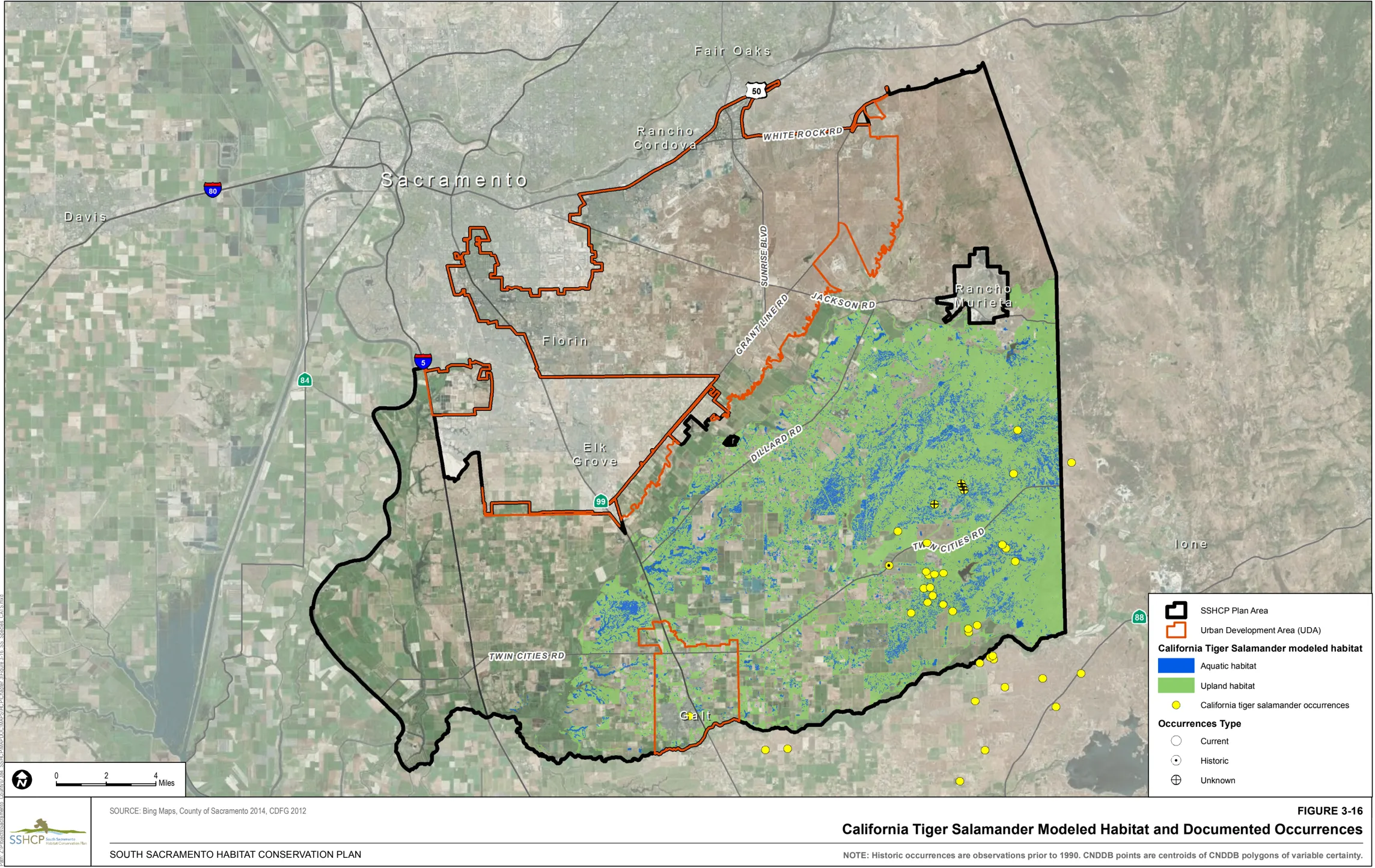 Map of Sacramento County showing California Tiger Salamander Modeled Habitat and Documented Occurrences