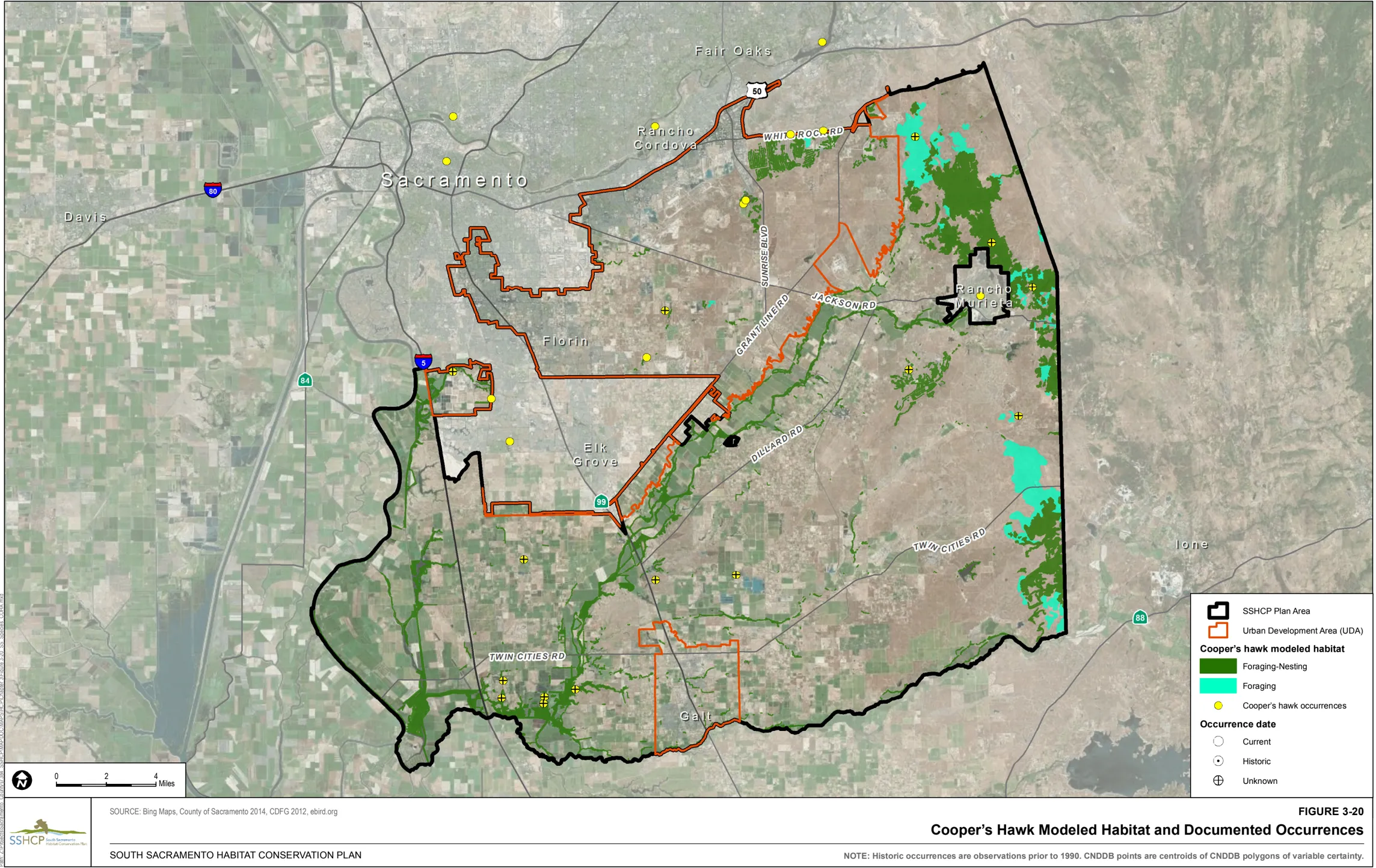 Map of Sacramento County showing Coppers Hawk Modeled Habitat and Documented Occurrences