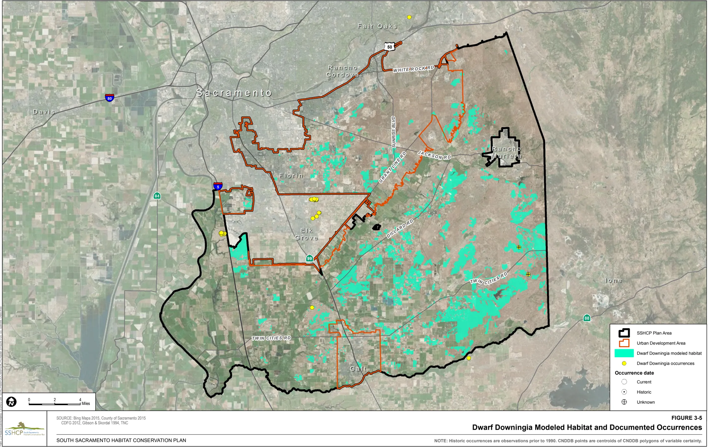 Map of Sacramento County showing Dwarf Downingia Modeled Habitat and Documented Occurrences