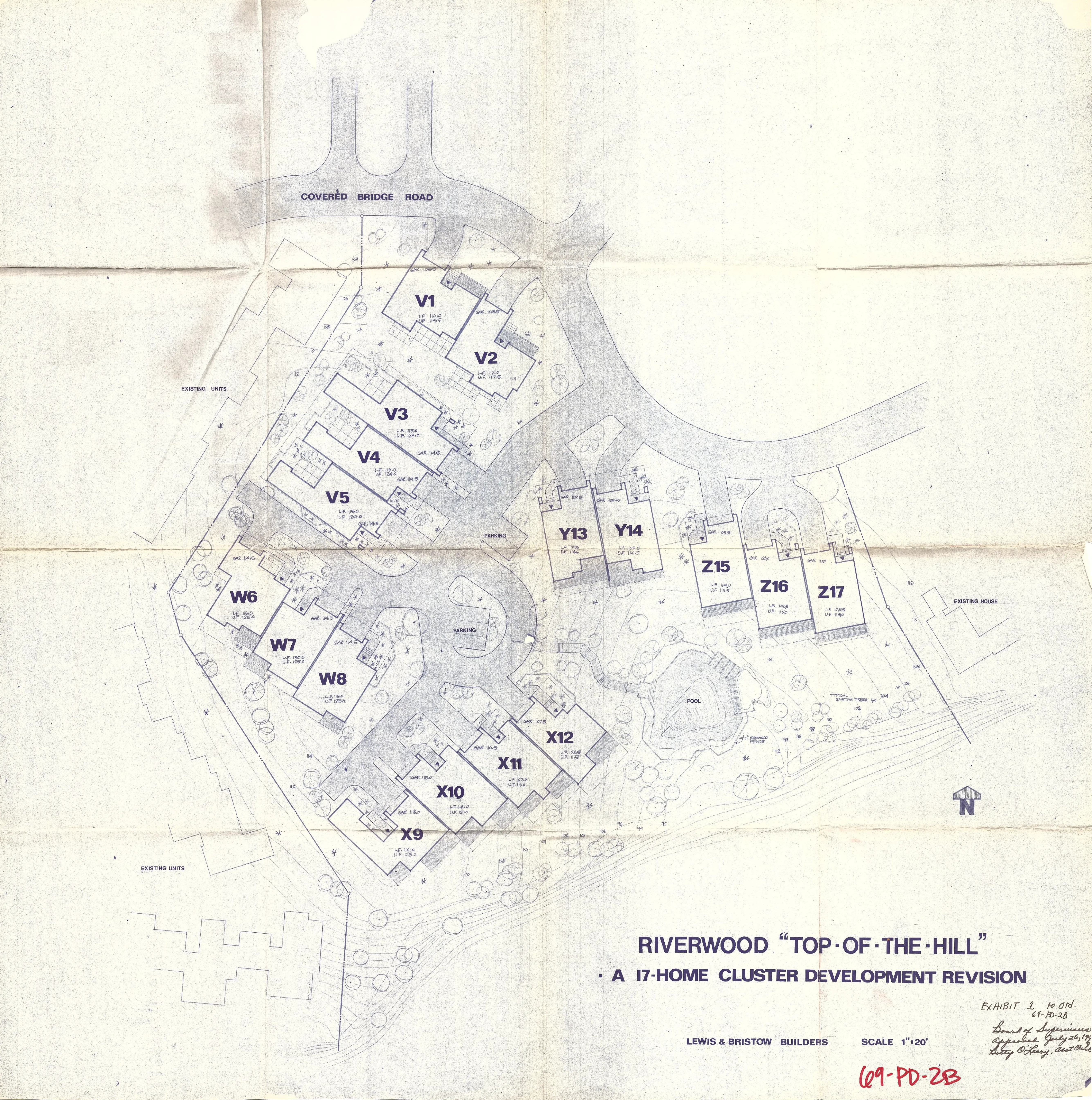 Development site plan for Riverwood “Top-of-the-Hill,” a 17-home cluster development revision, showing the V, W, X, Y, and Z unit clusters arranged around a central pool between Covered Bridge Road and the bluff, with existing units and parking areas noted.