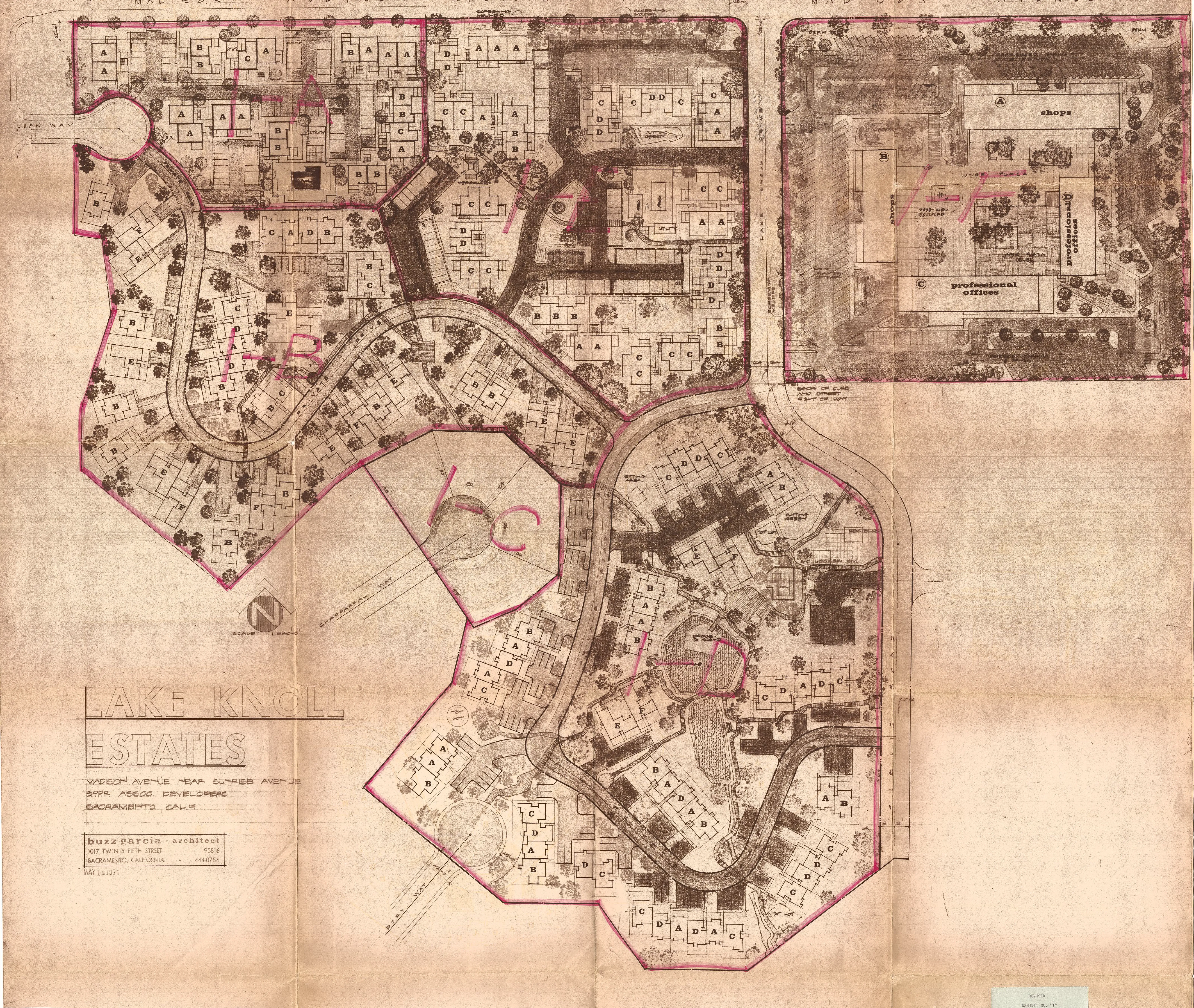 Revised detailed layout and site plan for Lake Knoll Estates showing apartment, townhouse, patio-house, and professional-office clusters keyed A through F, with streets, parking, and open space off Madison Avenue.