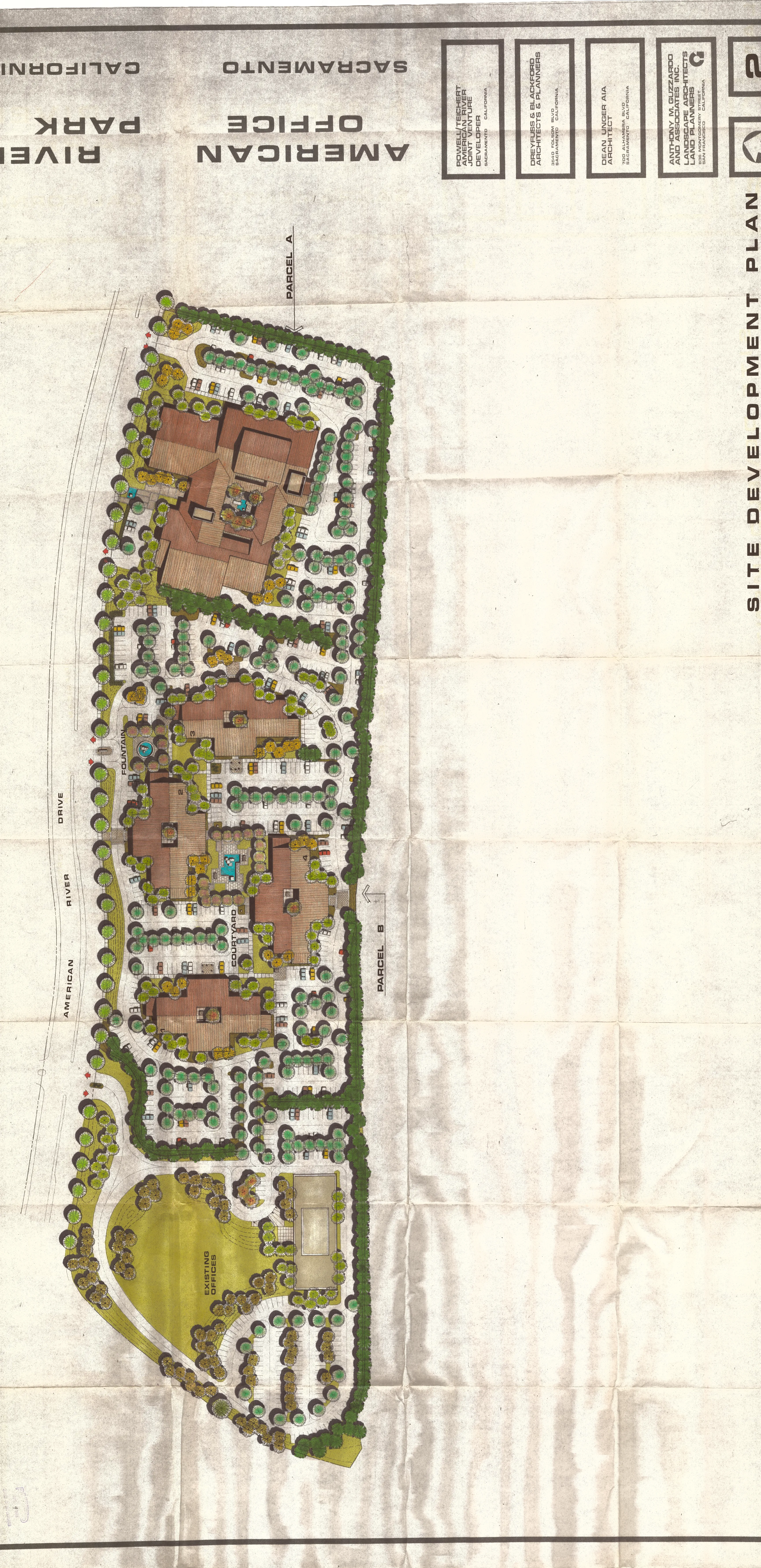 A site plan depicting three distinct parcels that form a unified office park.