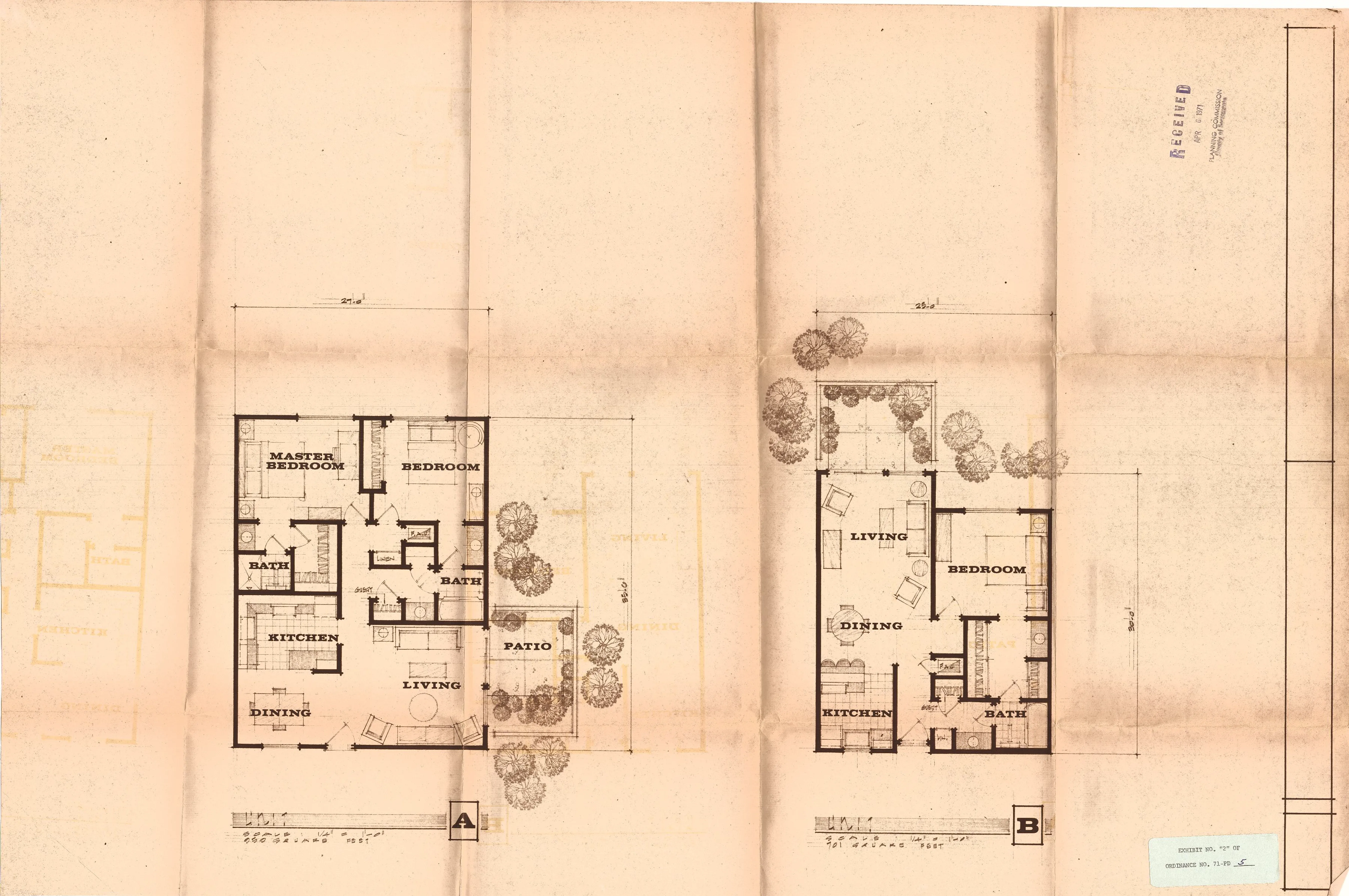 Typical floor plans of Apartment Units A and B, showing living, dining, kitchen, bedroom, and bath layouts with patios.