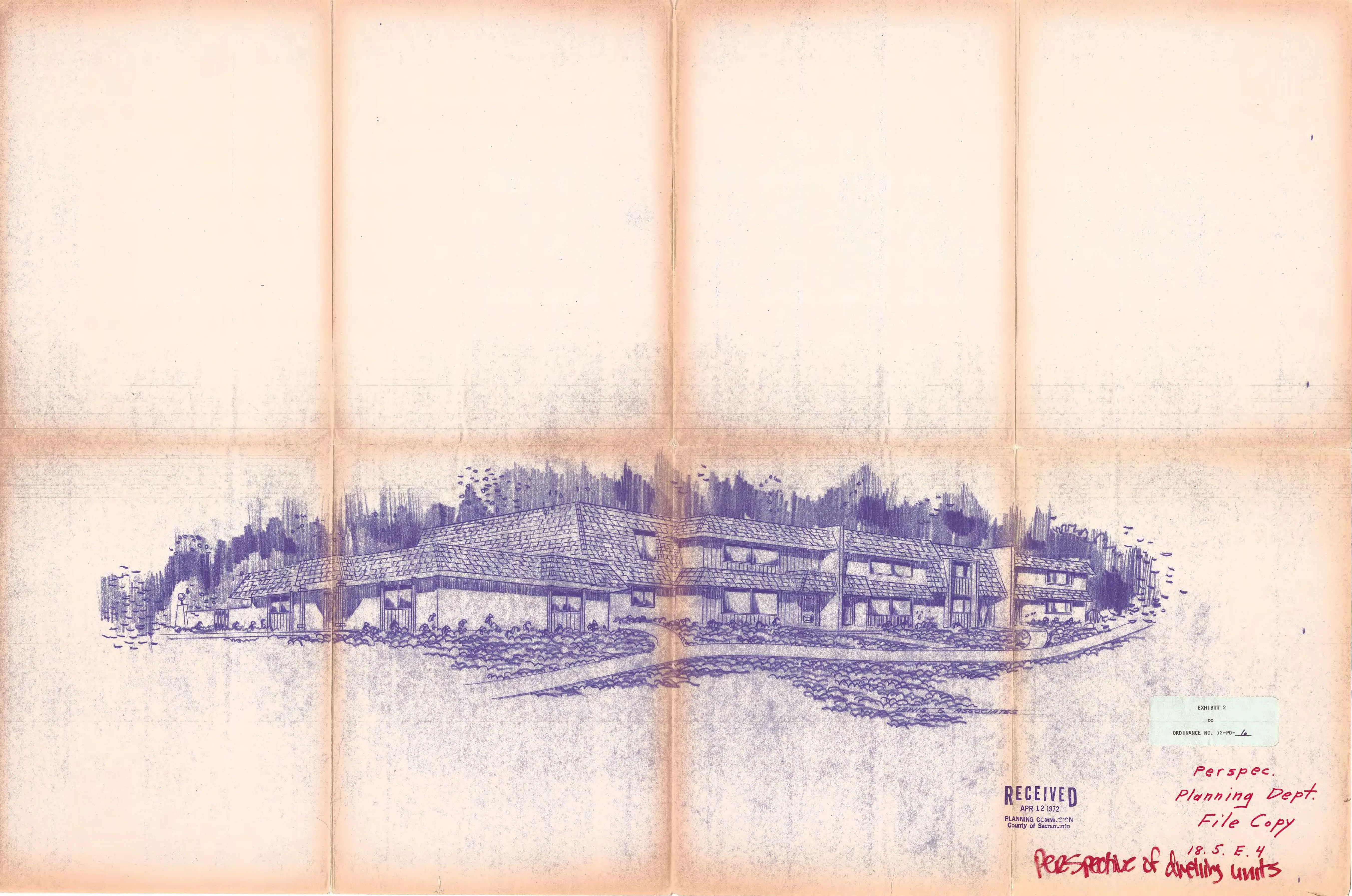 Perspective rendering of the Casitas Manzanita townhouse units, showing a cluster of low buildings with shake roofs set among trees and landscaping.