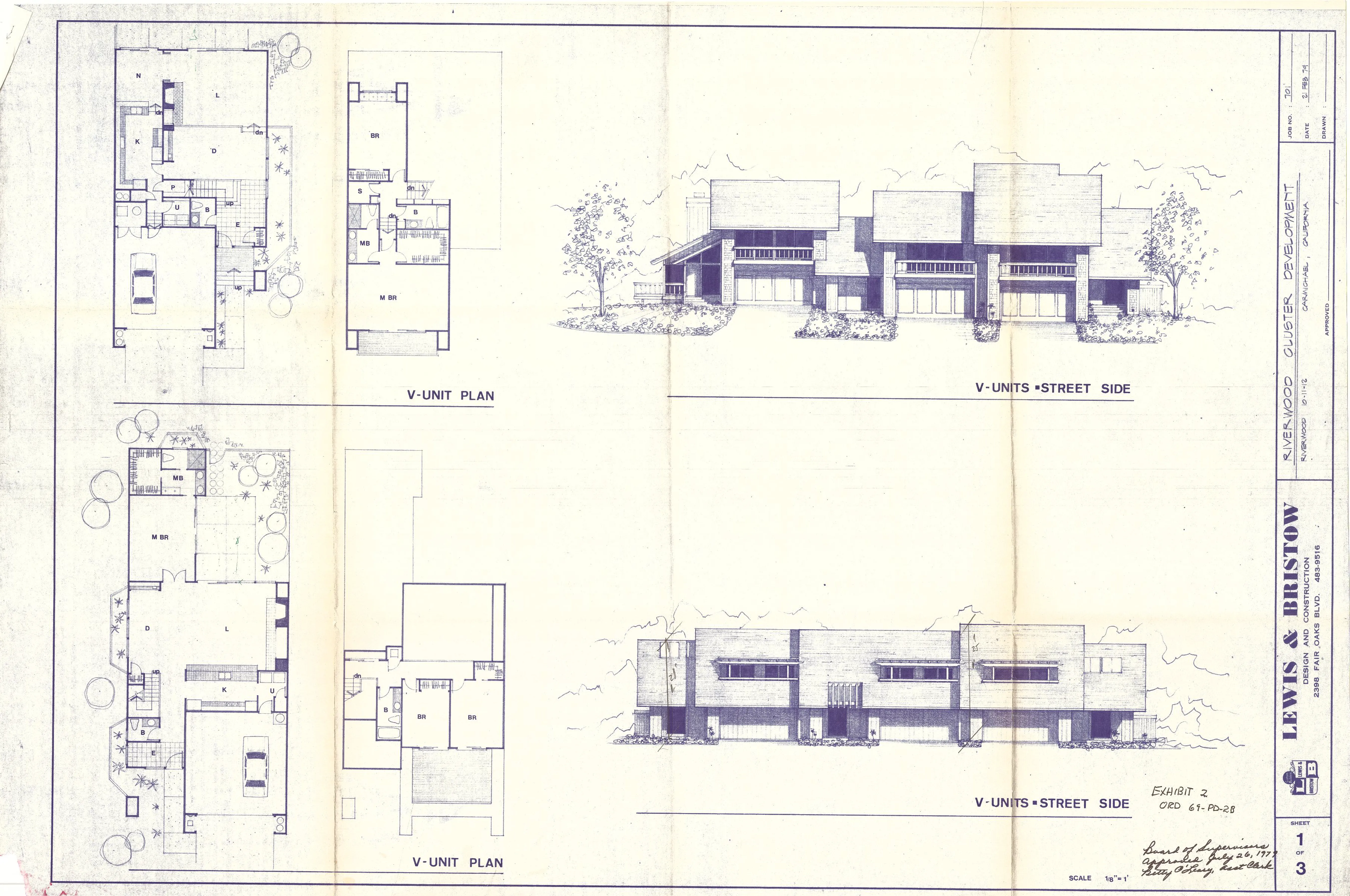 Floor plans and street-side elevation drawings of the V Units at Riverwood, showing two-story layouts with bedrooms, kitchen, living, and dining areas.