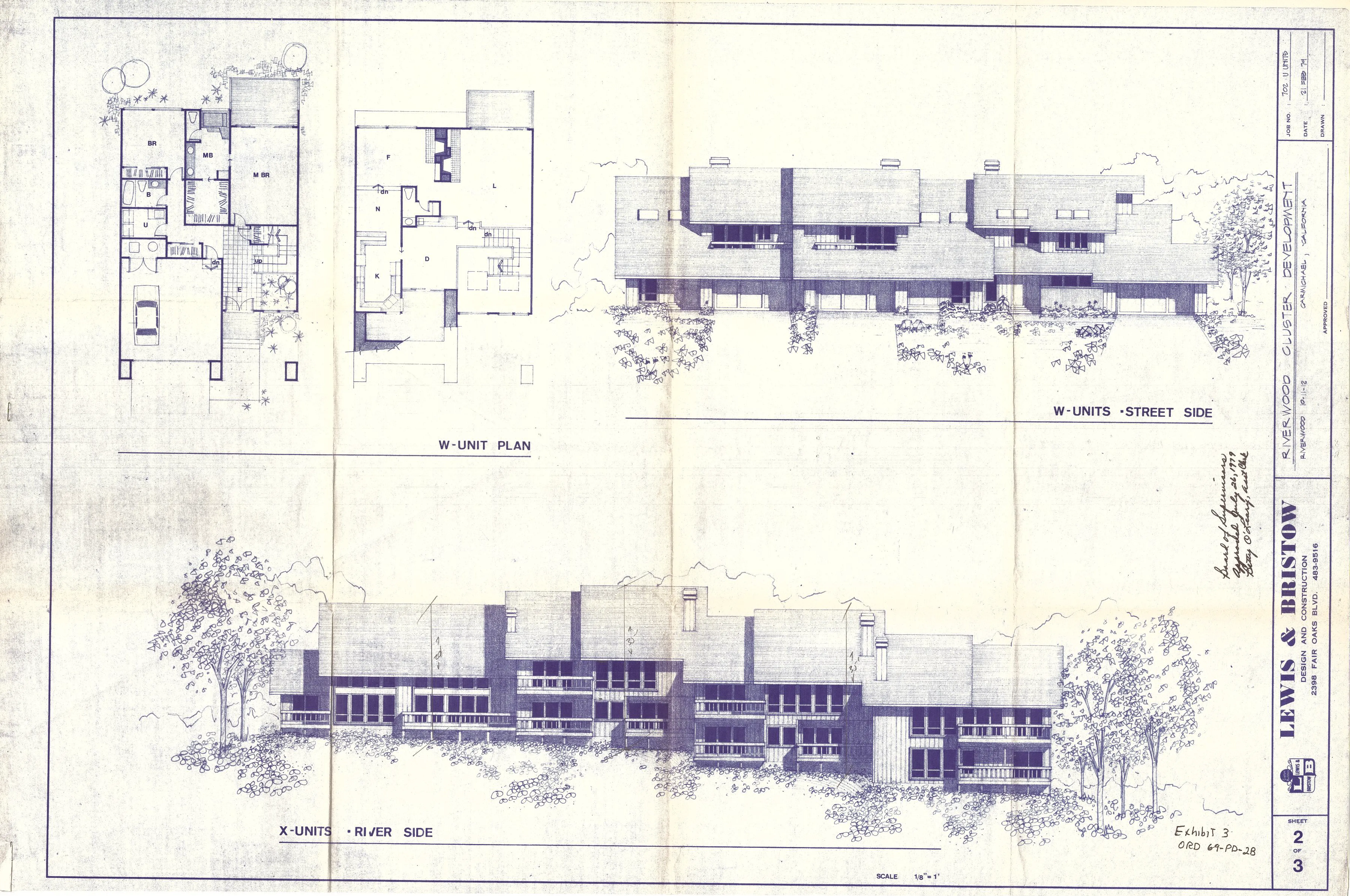 W-Unit floor plan with a street-side elevation of the W Units and a river-side elevation of the X Units at Riverwood, showing multi-level townhouse layouts.
