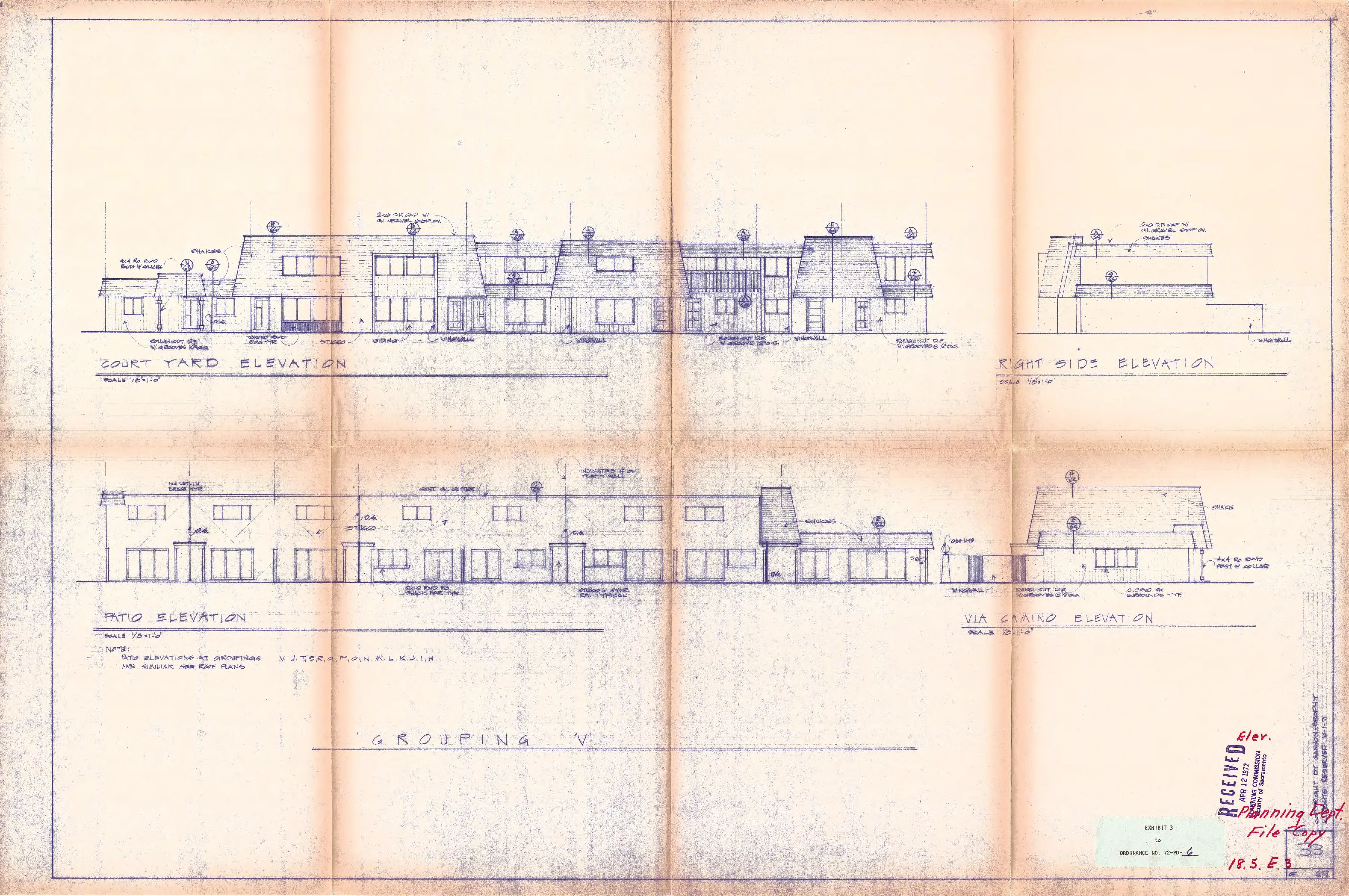 Typical exterior elevation drawings of a townhouse grouping, showing courtyard, patio, right-side, and Via Camino elevations with shake roofs and stucco wing walls.