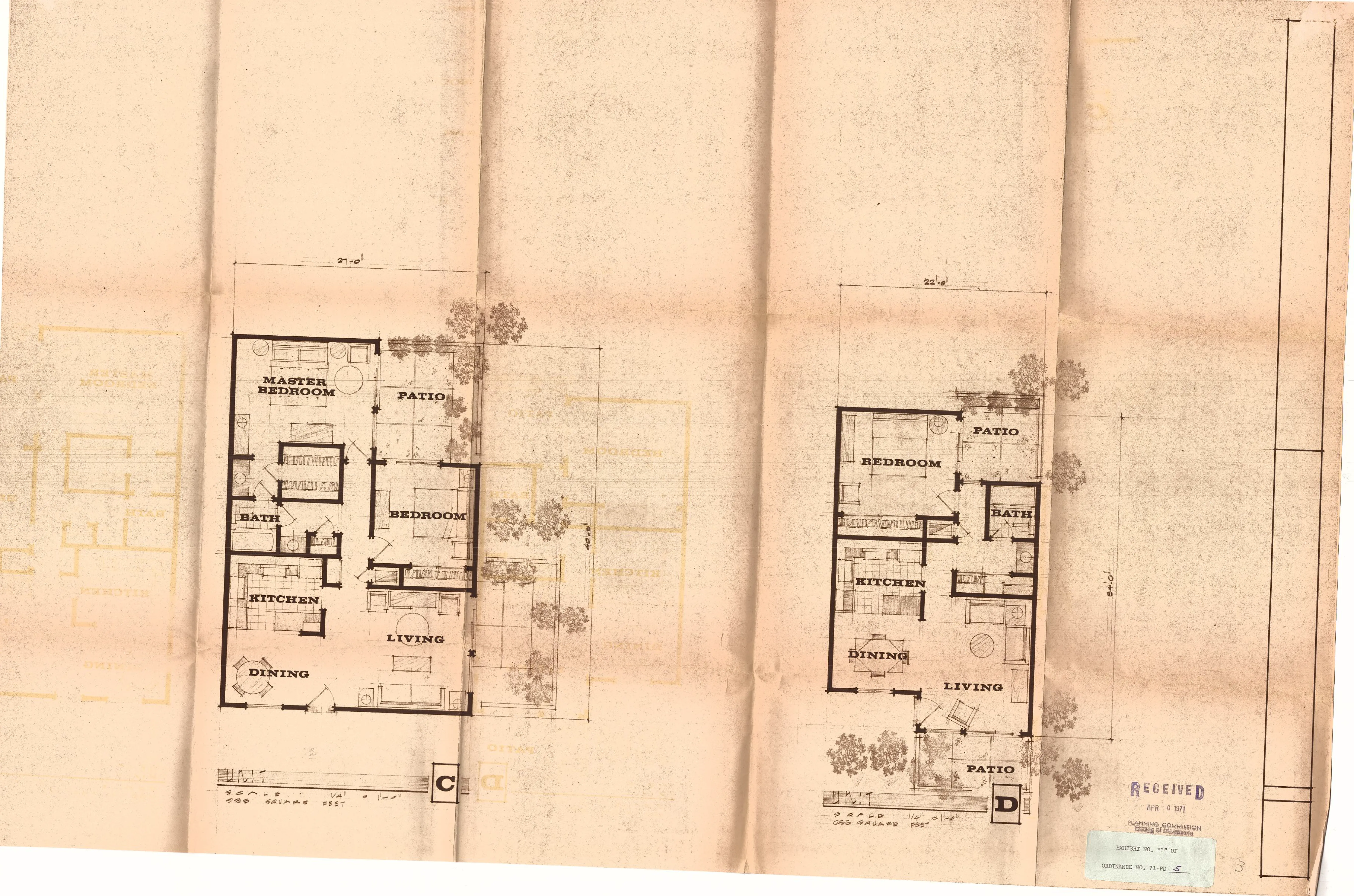 Typical floor plans of Apartment Units C and D, showing living, dining, kitchen, bedroom, and bath layouts with patios.
