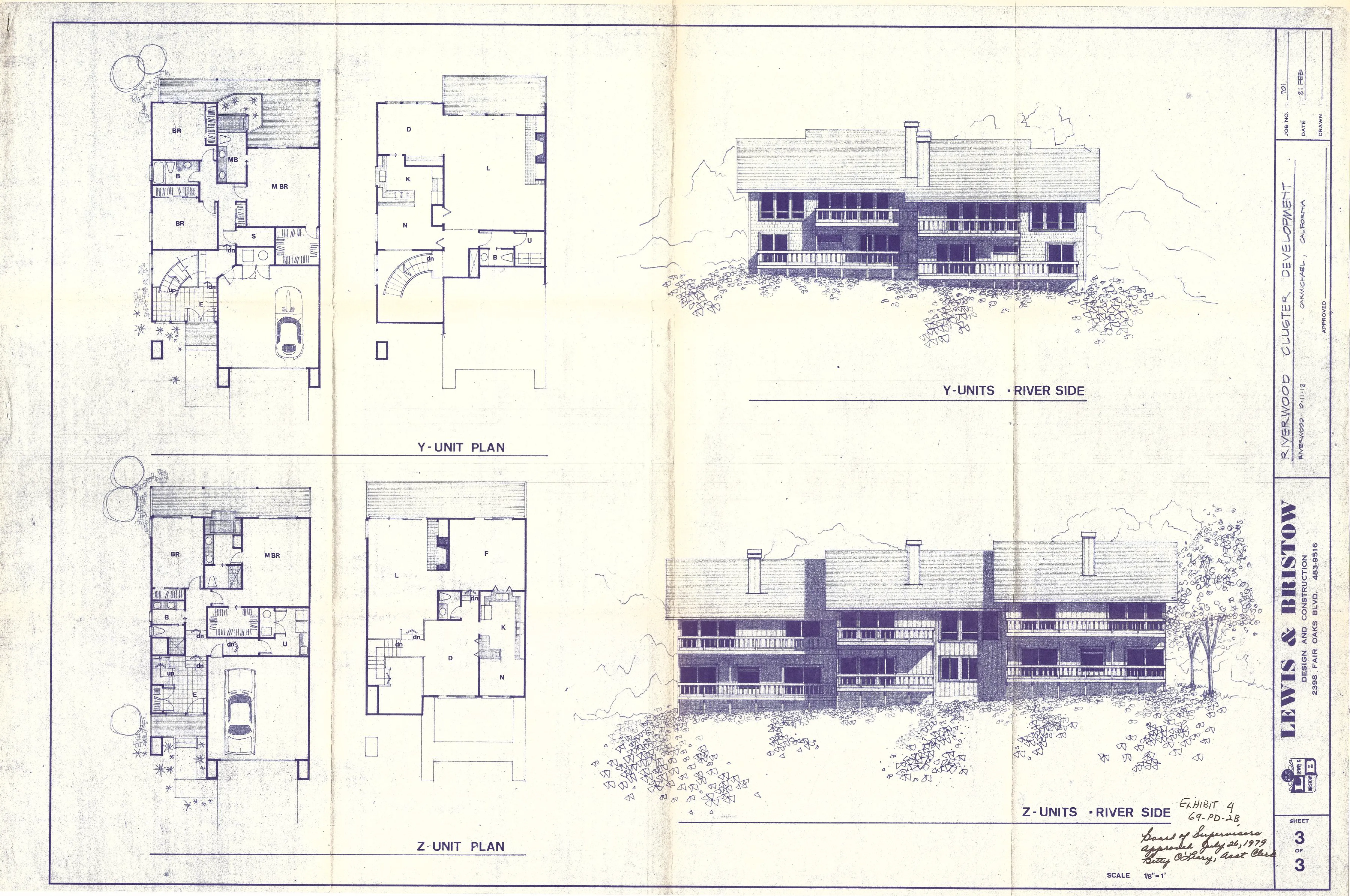 Y-Unit and Z-Unit floor plans with river-side elevation drawings of the Y and Z Units at Riverwood.