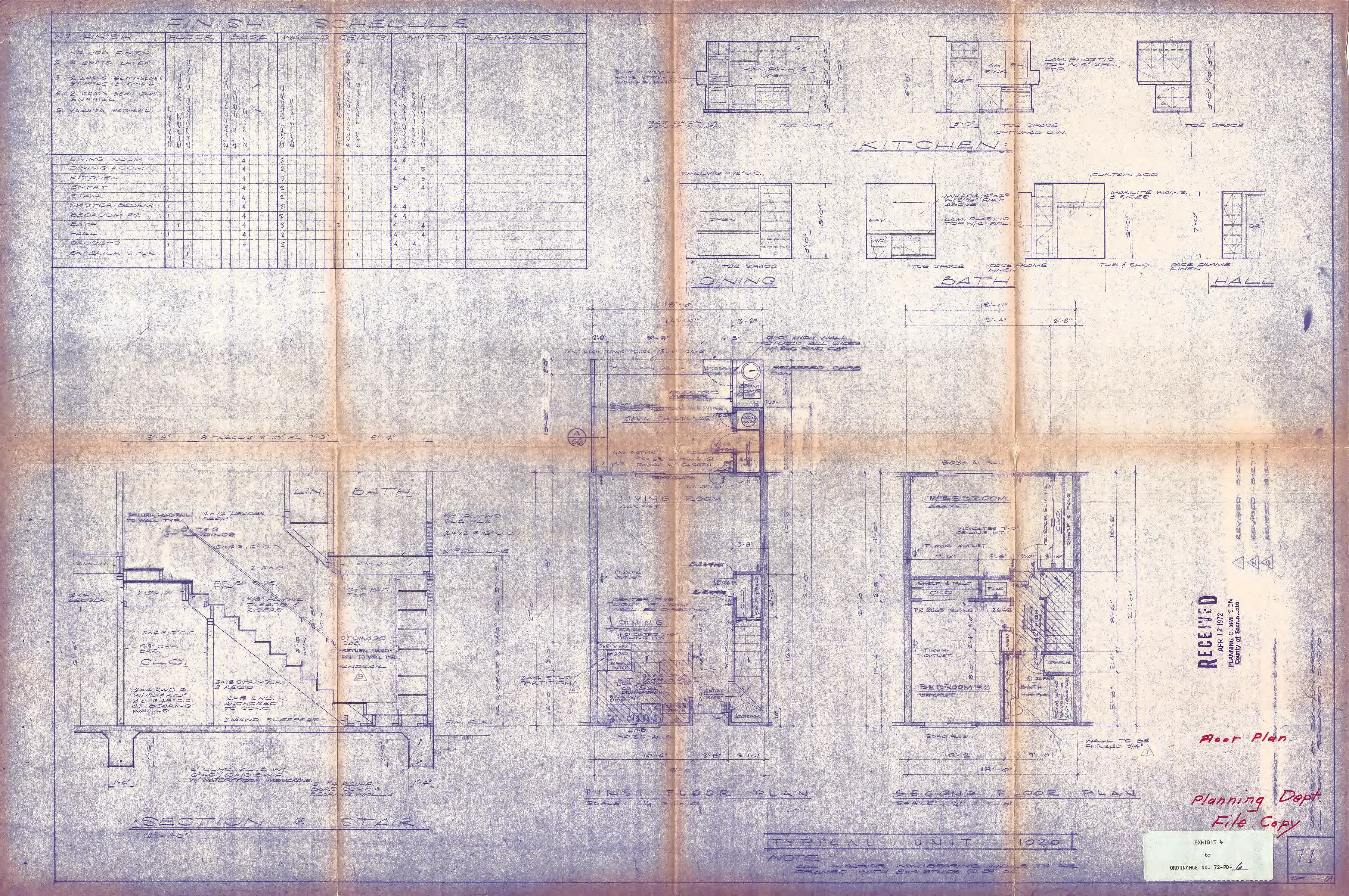 Typical floor plans for the 1020 townhouse unit, showing first- and second-floor layouts, a stair section, and a schedule of finishes.