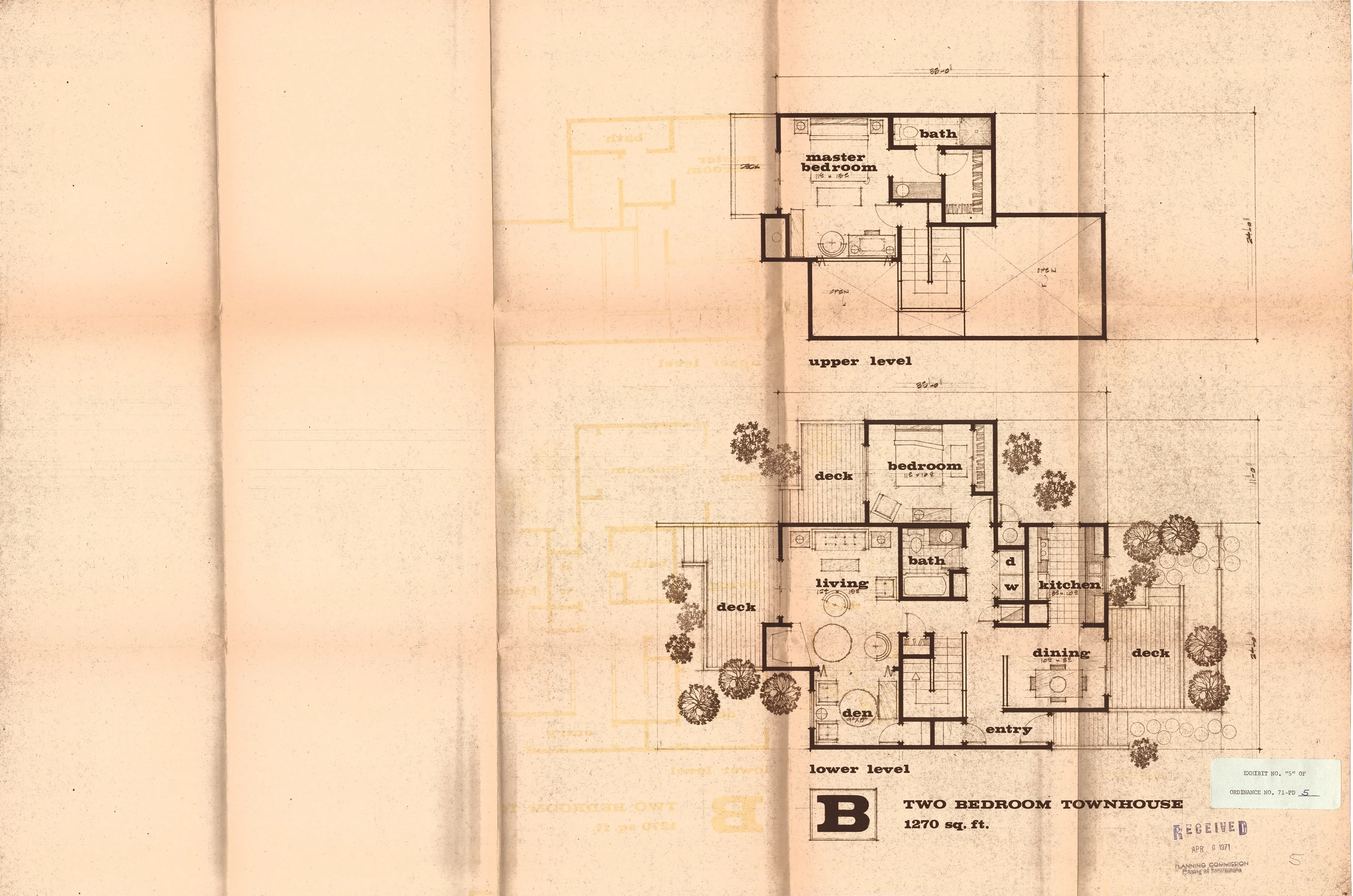Two-level floor plan of the Type B two-bedroom townhouse (1,270 square feet) with decks, showing living, dining, and kitchen below and bedrooms above.