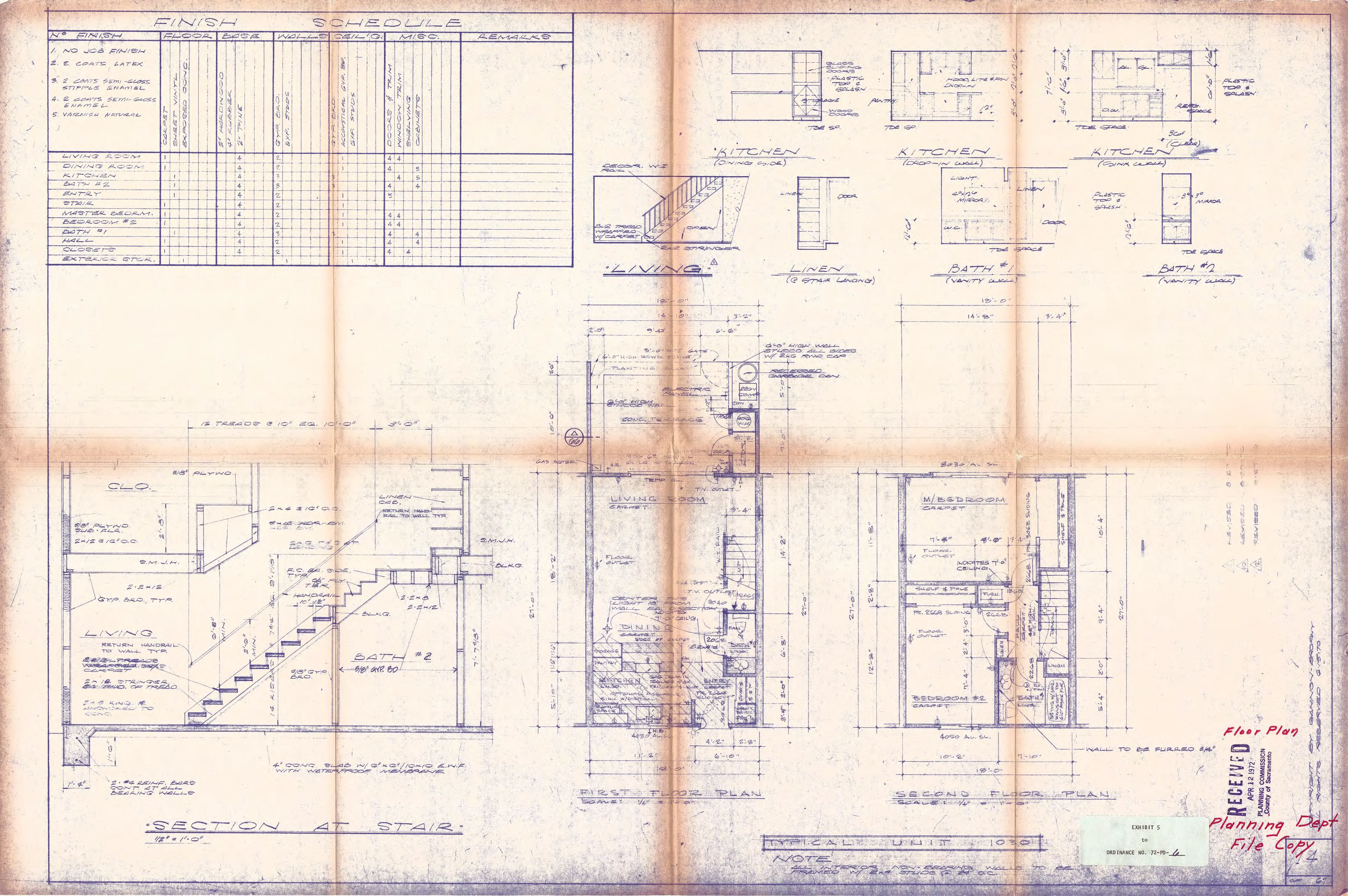 Typical floor plans for the 1030 townhouse unit, showing first- and second-floor layouts, a stair section, and a schedule of finishes.