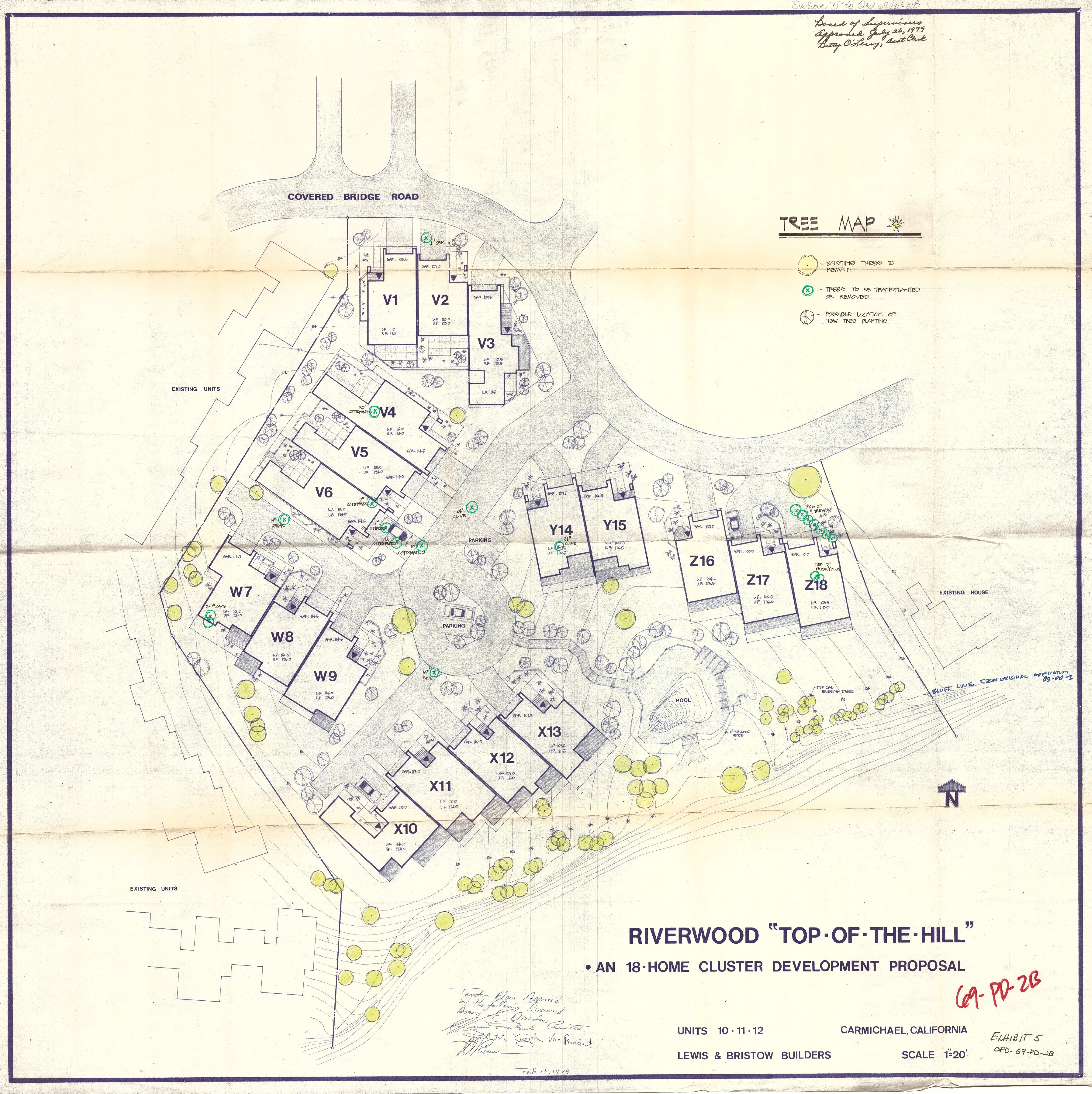 Tree map for the Riverwood “Top-of-the-Hill” 18-home cluster development proposal, showing existing trees to remain, trees to be transplanted or removed, possible new tree locations, the bluff line, and the V through Z unit clusters.