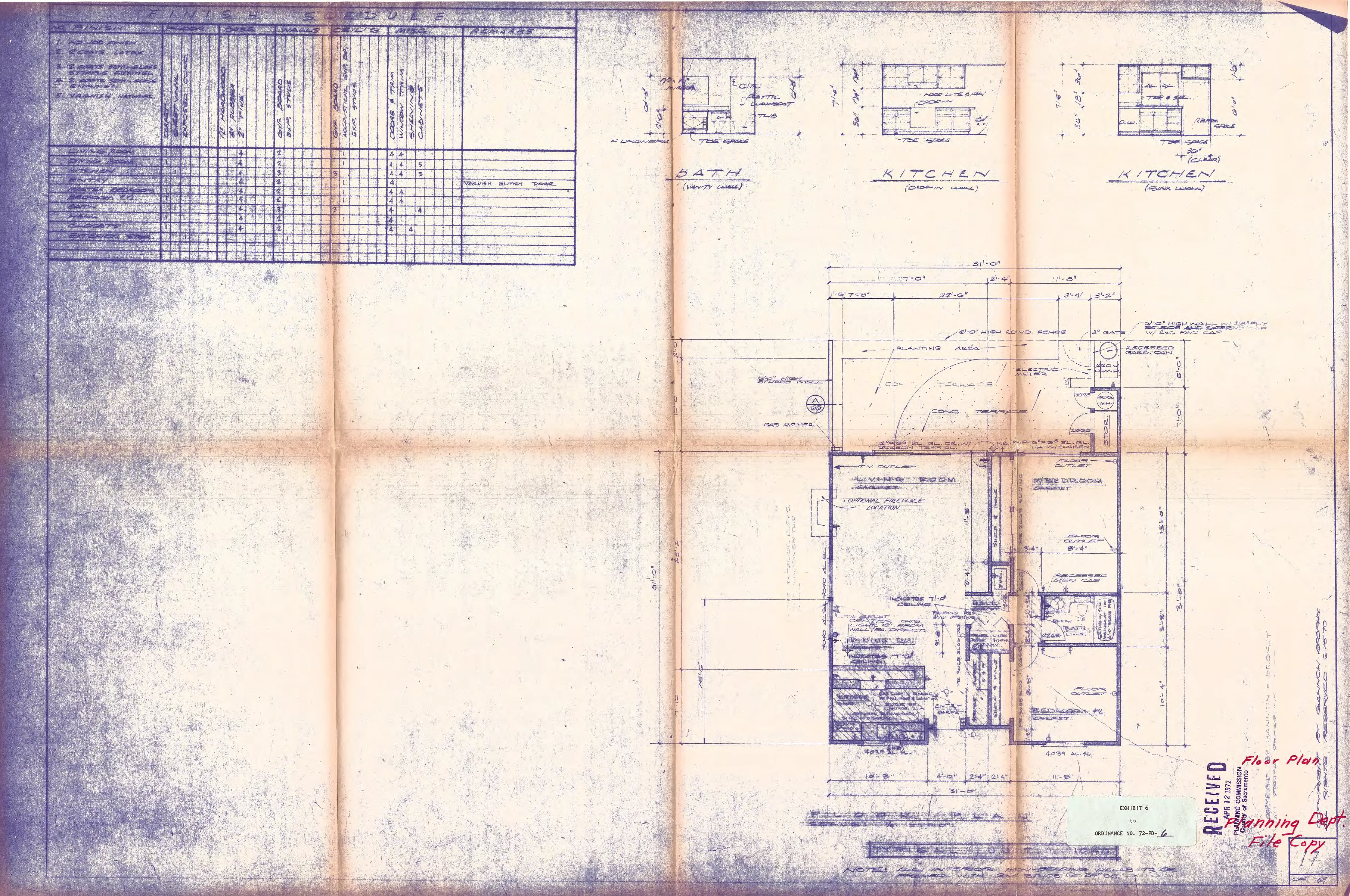 Typical floor plan for the 1040 townhouse unit, showing the living room, kitchen, bath, and bedroom with detailed kitchen and bath layouts and a schedule of finishes.